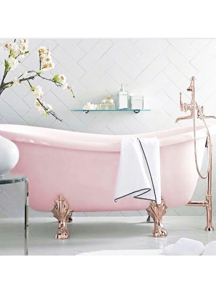 Pink And Gold Bathroom Decor
 Pink tub rose gold feet and plumbing