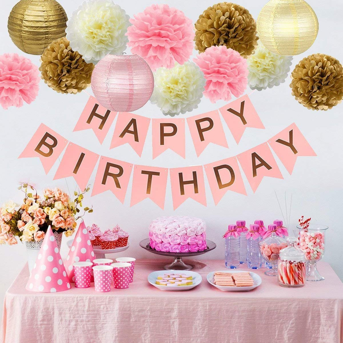 Pink And Gold Birthday Party Supplies
 PINK GOLD BIRTHDAY Decorations Pink Birthday Banner
