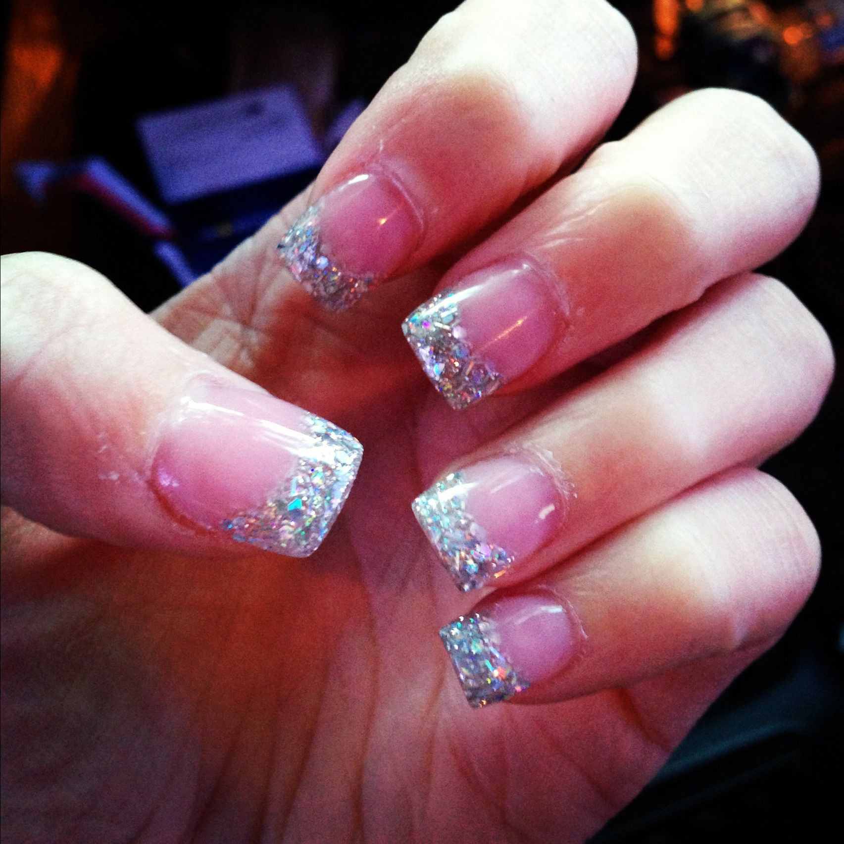 Pink And White Glitter Nails
 Pink and white acrylic with glitter tips