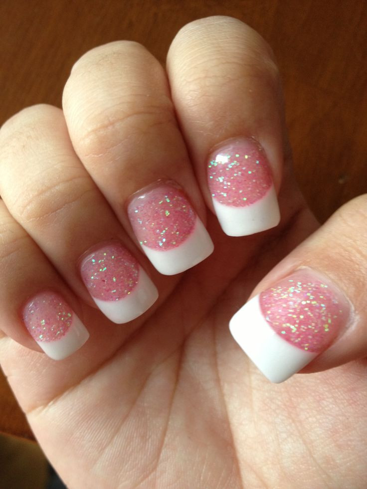 Pink And White Glitter Nails
 Acrylic nails white tip with pink glitter base