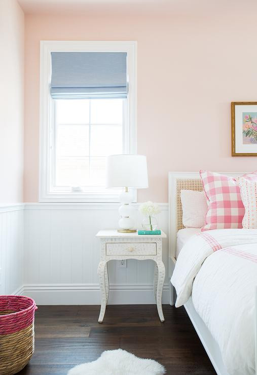 Pink Bedroom Walls
 White Cane Bed with Pink Buffalo Check Pillows