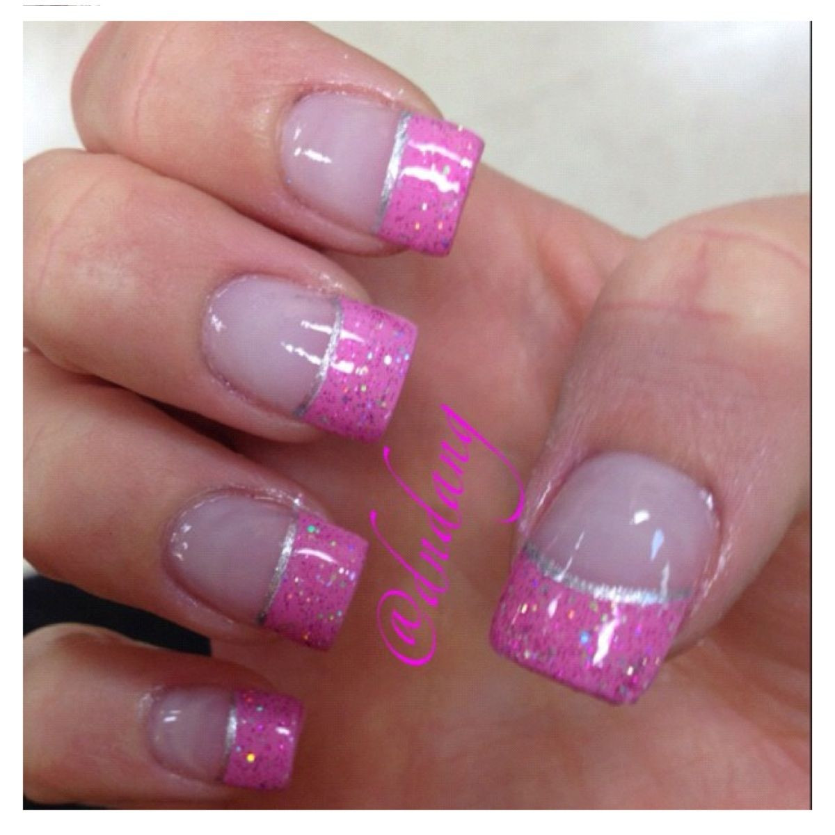 Pink Nails With Glitter Tips
 Pink and glitter French tip