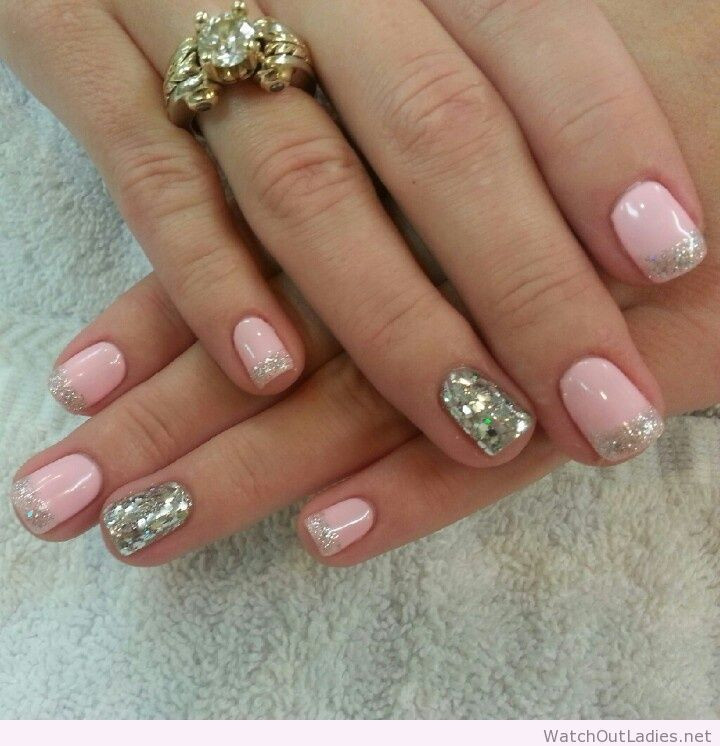 Pink Nails With Glitter Tips
 Botanic nails light pink silver glitter tips