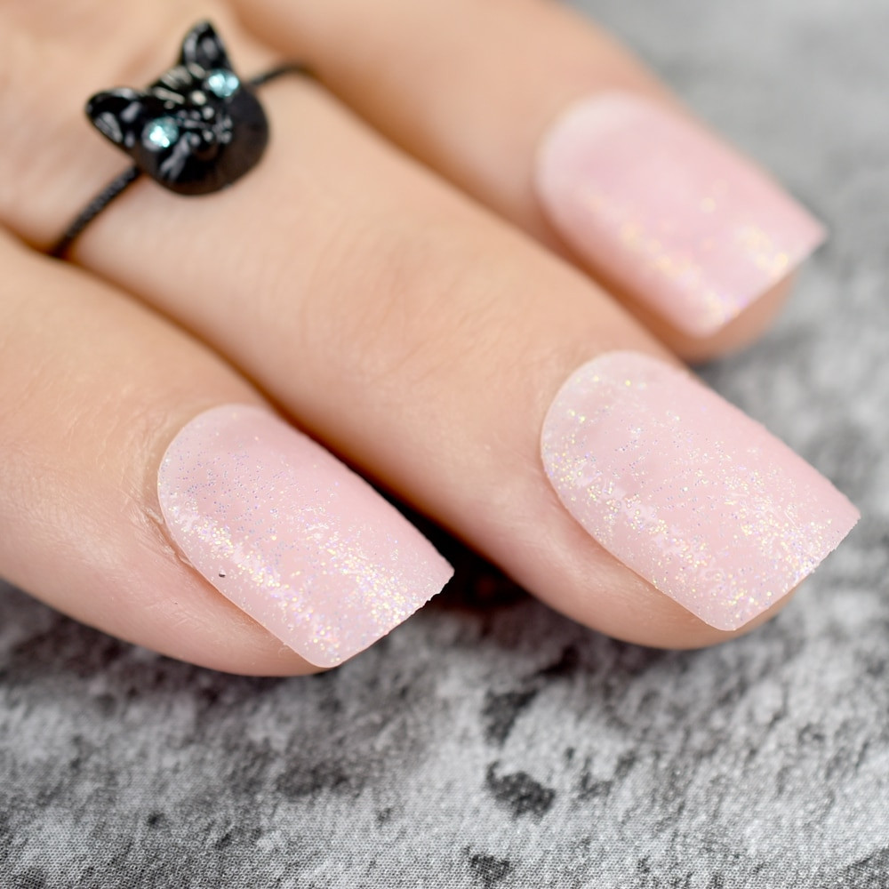 Pink Nails With Glitter Tips
 Baby Pink Short False Nails Tips Light Pink with Shimmer
