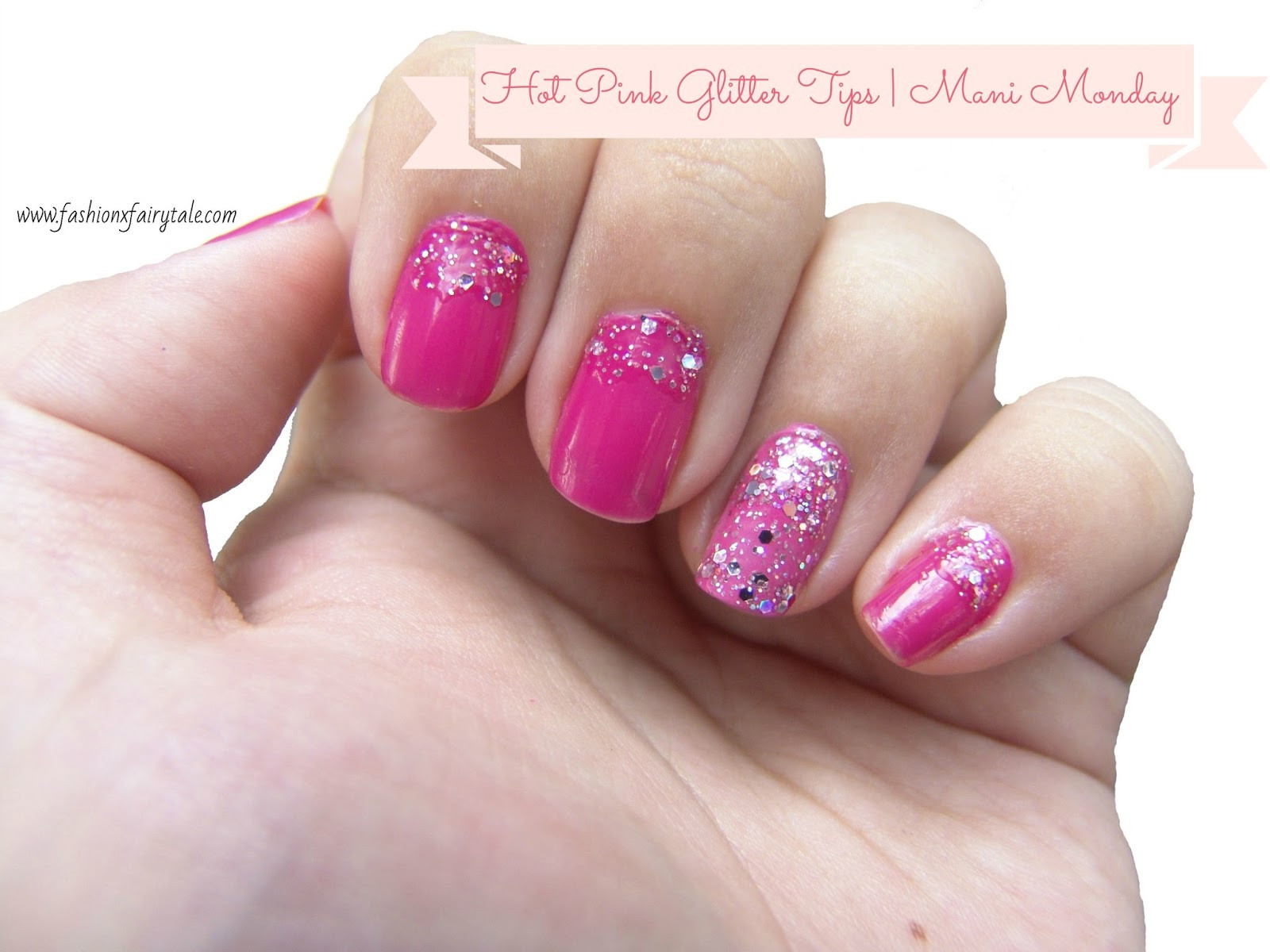 Pink Nails With Glitter Tips
 Hot Pink Glitter Tips