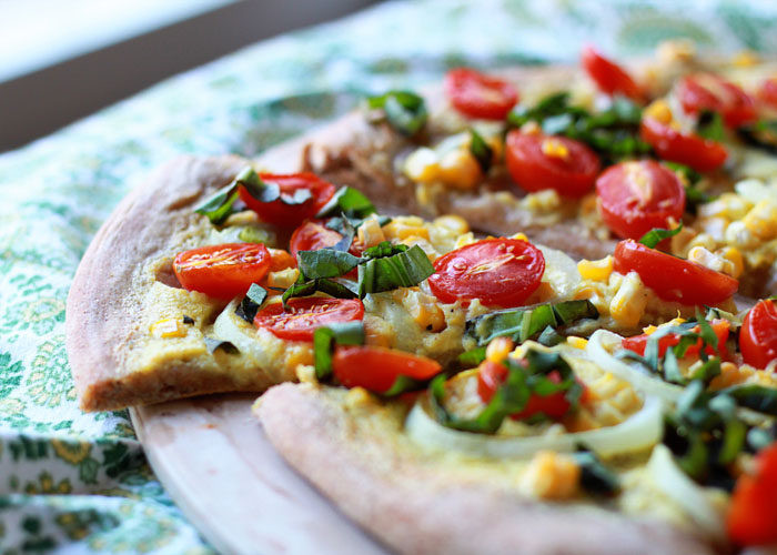Pizza Without Sauce
 Vegan Summer Pizza with Corn Tomatoes and Basil