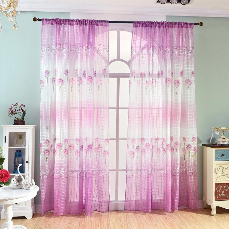 Plaid Curtains For Living Room
 Sheer Voile Tulle Drapes Flowers Plaid Print Living