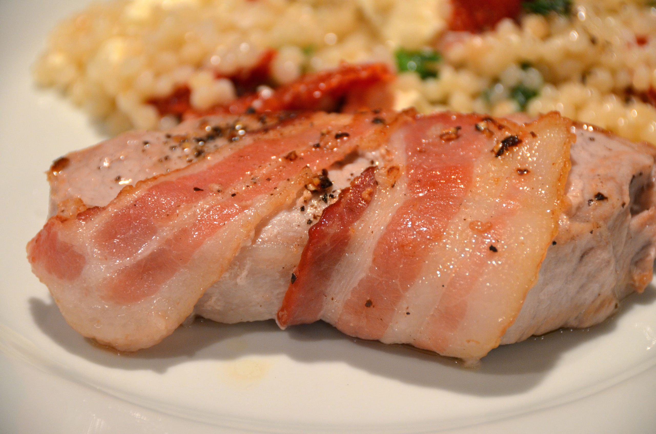 Pork Loin Steaks
 Bacon Wrapped Pork Loin Steaks With Lemony Giant Couscous