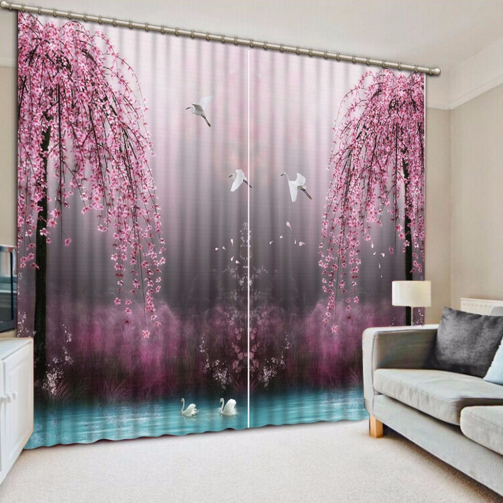 Pretty Curtains For Living Room
 Elegant Pink Curtains lake swan Decoration Curtains For