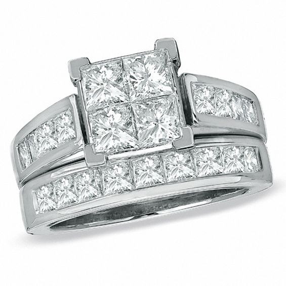 Princess Cut Engagement Rings Zales
 3 CT T W Quad Princess Cut Diamond Bridal Set in 14K