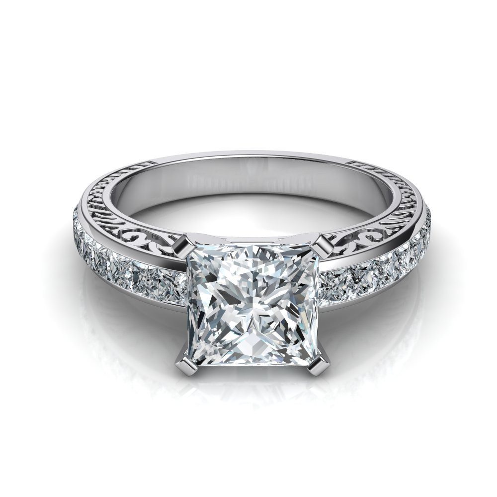 Princess Cut Vintage Engagement Ring
 Hand Engraved Vintage Style Princess Cut Engagement Ring