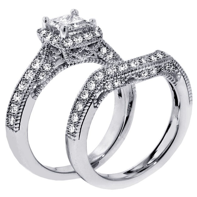 Princess Cut Wedding Ring Sets
 1 Carat Vintage Princess cut Diamond Wedding Ring Set for