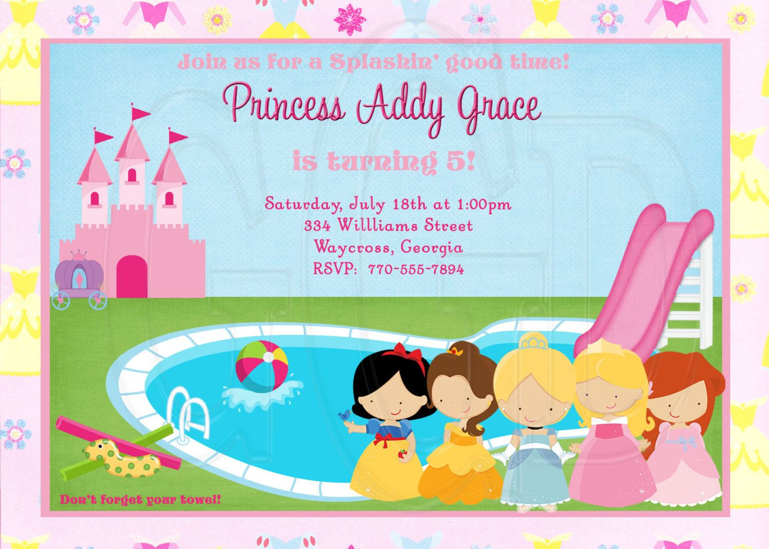Princess Pool Party Ideas
 Princess Pool Party Invitation Digital File $12 00 via