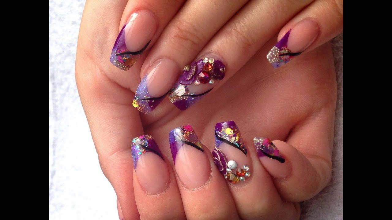 Purple Glitter Nails
 Acrylic Nails Purple Glitter and 3D Roses
