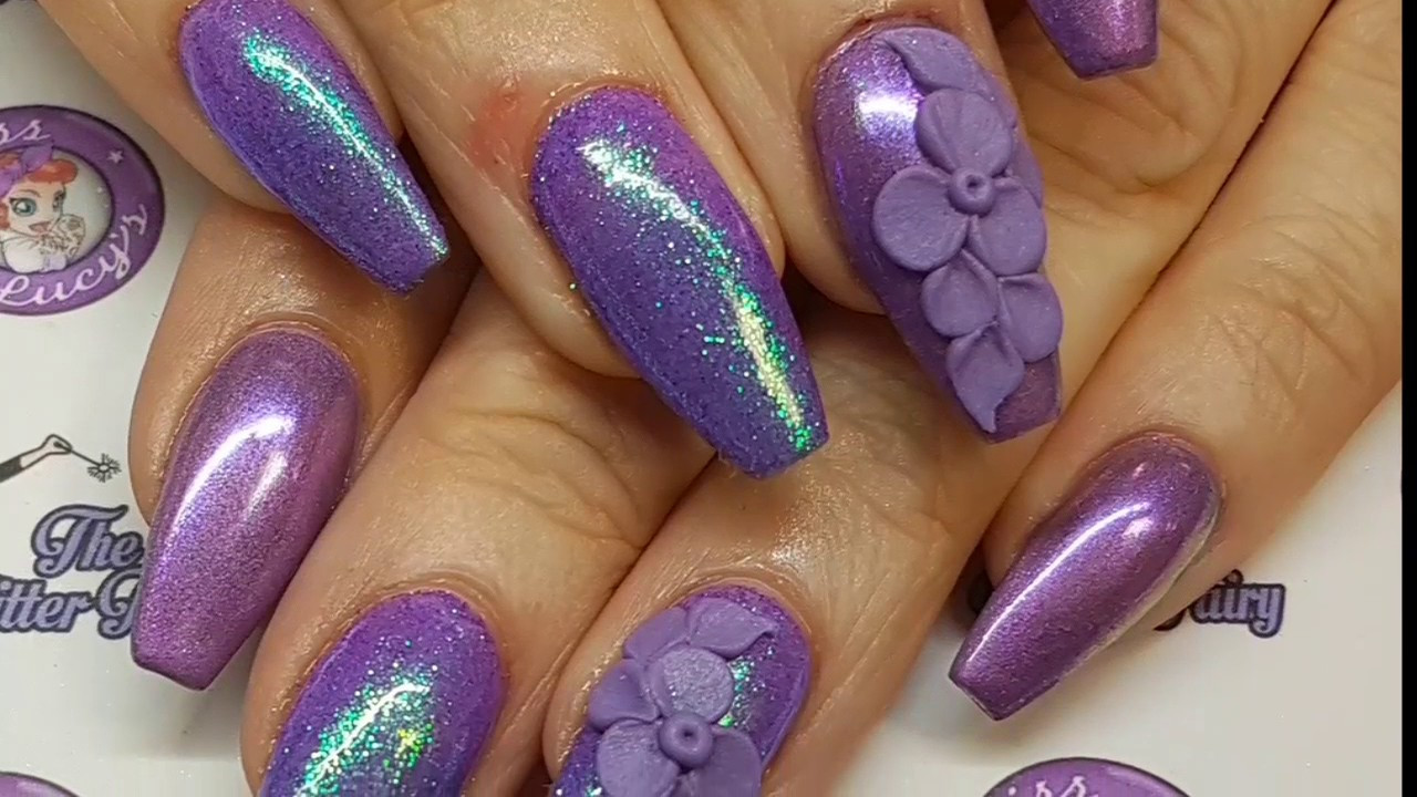 Purple Glitter Nails
 Purple Acrylic Nails Pigment 3d Flowers Glitter