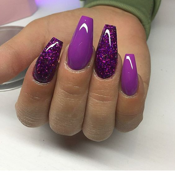Purple Nails With Glitter
 Long purple nails with glitter