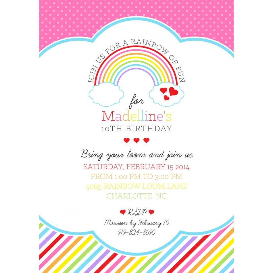 Rainbow Birthday Invitations
 Rainbow Loom Birthday Party Printable Invitation