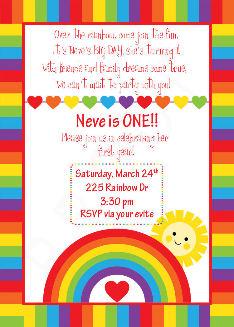 Rainbow Birthday Invitations
 Rainbow Birthday Invitation Custom Rainbow Design Sunshine