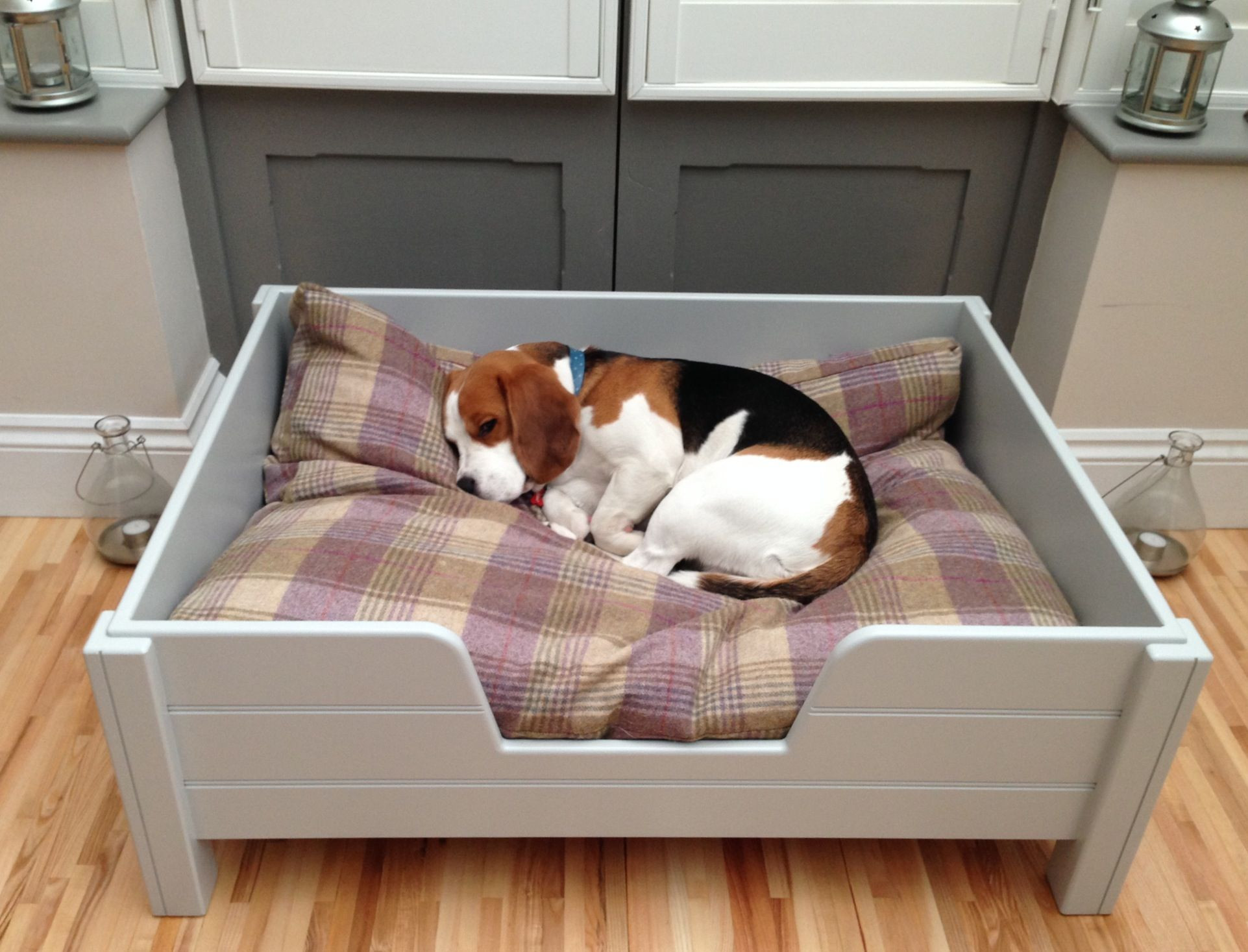 Raised Dog Bed DIY
 Luxury raised wooden dog bed with grey tongue & groove