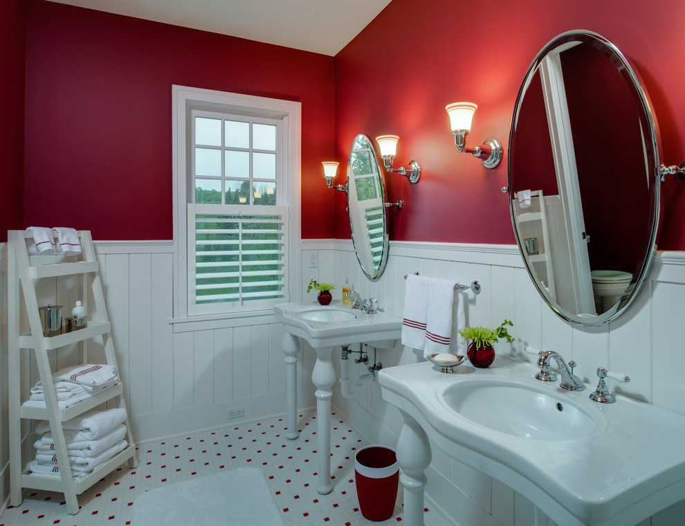 Red Bathroom Vanity
 Red Bathroom Vanity Contemporary with Brown Tile Wall