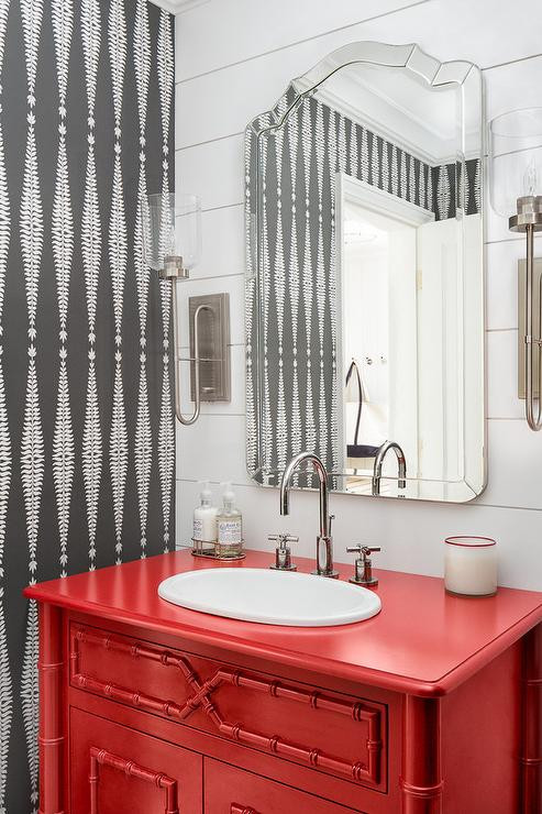 Red Bathroom Vanity
 Bleached Oak Bath Vanity with Blue and Black Mosaic Tiles