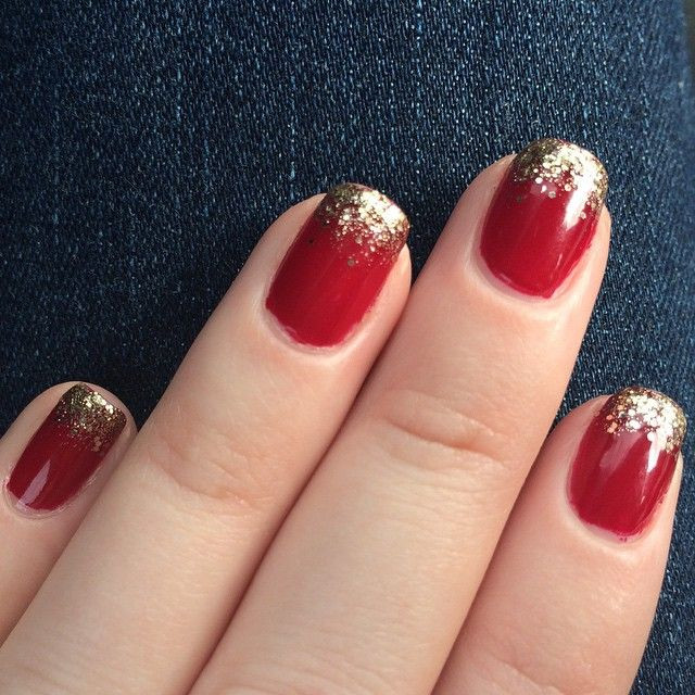 Red Glitter Tips Nails
 Red nails with gold glitter tips Perfect for the holidays
