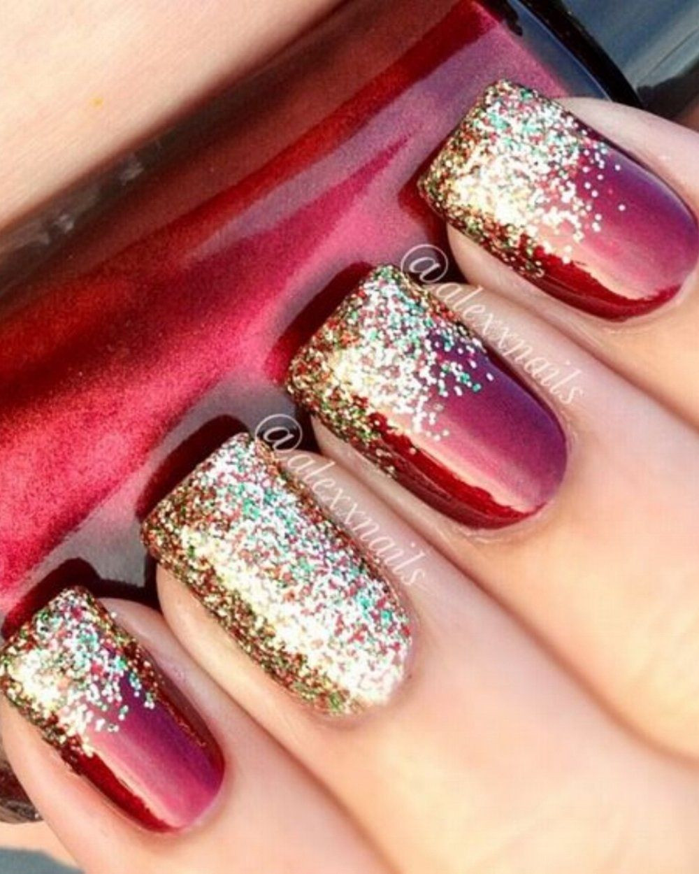 Red Glitter Tips Nails
 Festive Nail Art Deep Red with gold and multicolour