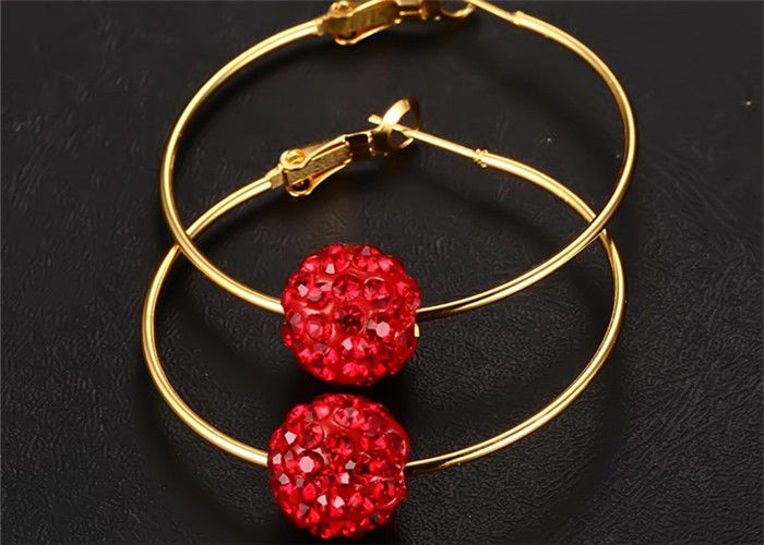 Red Hoop Earrings
 Red Crystal Pave Beads Stainless Steel Earring Disco Ball