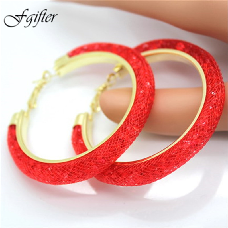 Red Hoop Earrings
 40mm Big Gold Hoop Earrings Red Crystal Mesh Women Earing