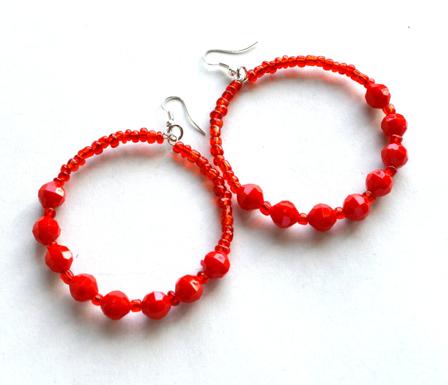 Red Hoop Earrings
 Beaded hoop earrings Red hoop earrings wire wrapped hoops