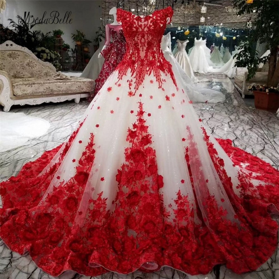 Red Wedding Gown
 modabelle Romantic Red Lace Flower Wedding Dress With