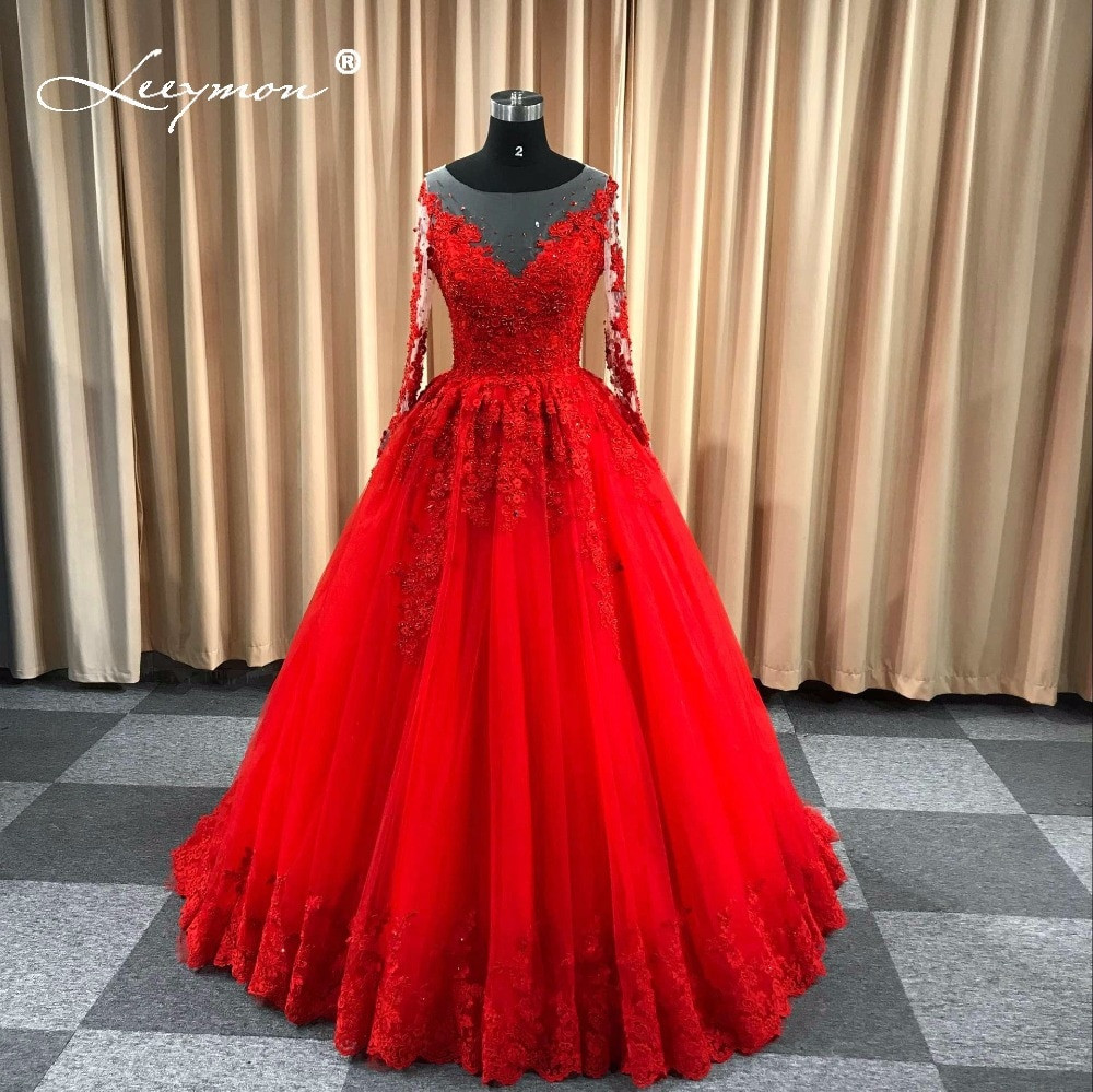 Red Wedding Gown
 Leeymon Red Wedding Gown Long Sleeves Lace Wedding Dress