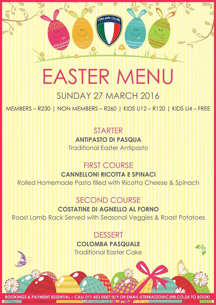 Restaurant For Easter Dinner
 Enjoy Easter at the Italian Club in Johannesburg