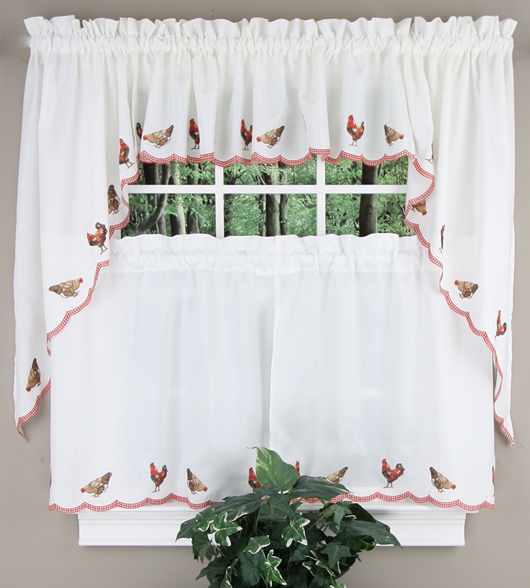 Rooster Kitchen Curtain
 Rooster Kitchen Curtain Embroidered Pair Crimson RHF