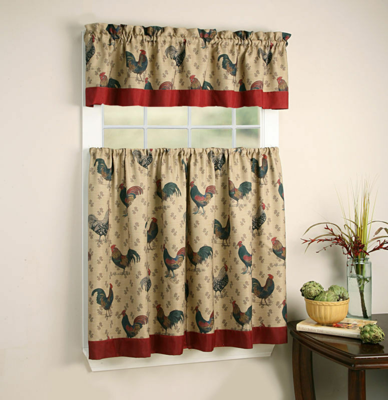Rooster Kitchen Curtain
 3 Pc French Country Shabby Chic Rooster Tier & Valance Set