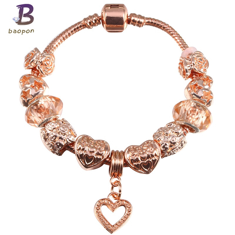 Rose Gold Pandora Bracelet
 BAOPON Rose Gold Crystal Beads Love Heart Charm Bracelets