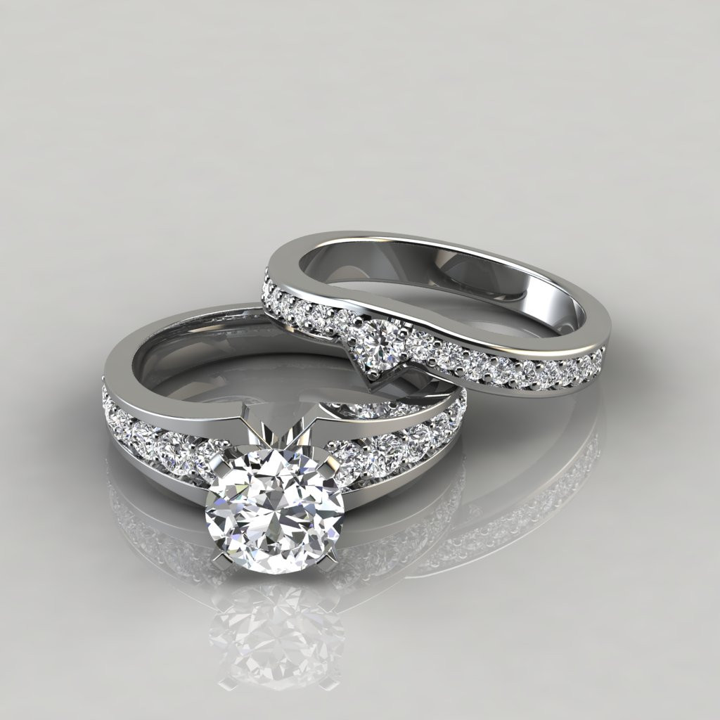 Round Wedding Rings
 Graduated Pave Round Cut Engagement Ring and Wedding Band