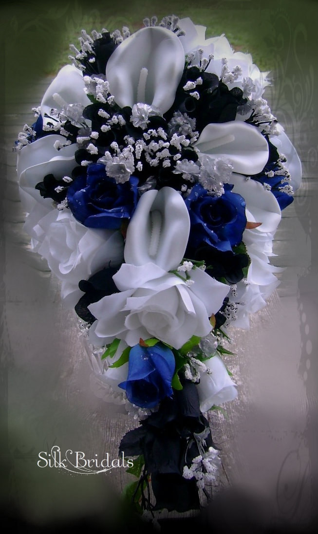 Royal Blue Flowers For Wedding
 Royal Blue black and White Bridal Bouquet Silk wedding flowers