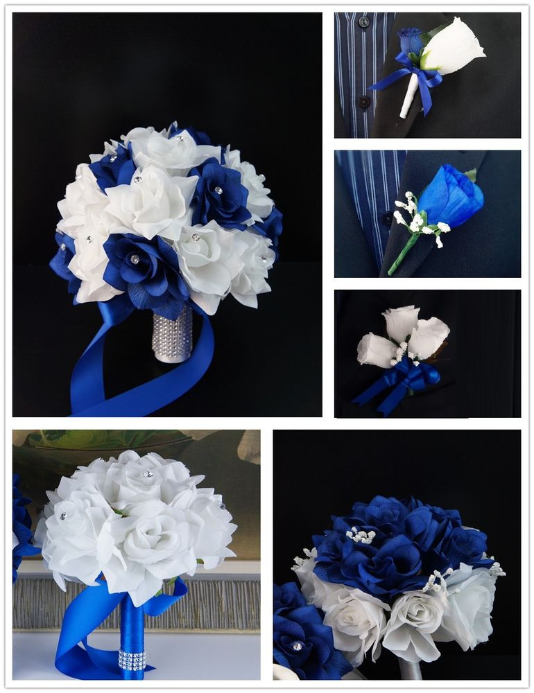 Royal Blue Flowers For Wedding
 15pc wedding silk flowers Royal blue White bouquet corsage