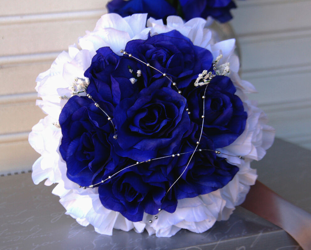 Royal Blue Flowers For Wedding
 Royal Blue Silver White Wedding Bouquet Bridal Party