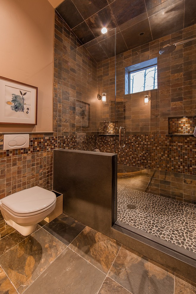 Rustic Bathroom Floor Tiles
 Pebble Bathroom Floor Rustic with Wood Tub Surround