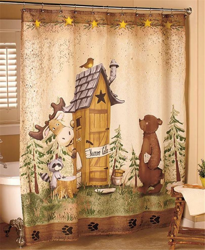 Rustic Bathroom Shower Curtain
 NATURE CALLS OUTHOUSE BEAR MOOSE RUSTIC CABIN LODGE