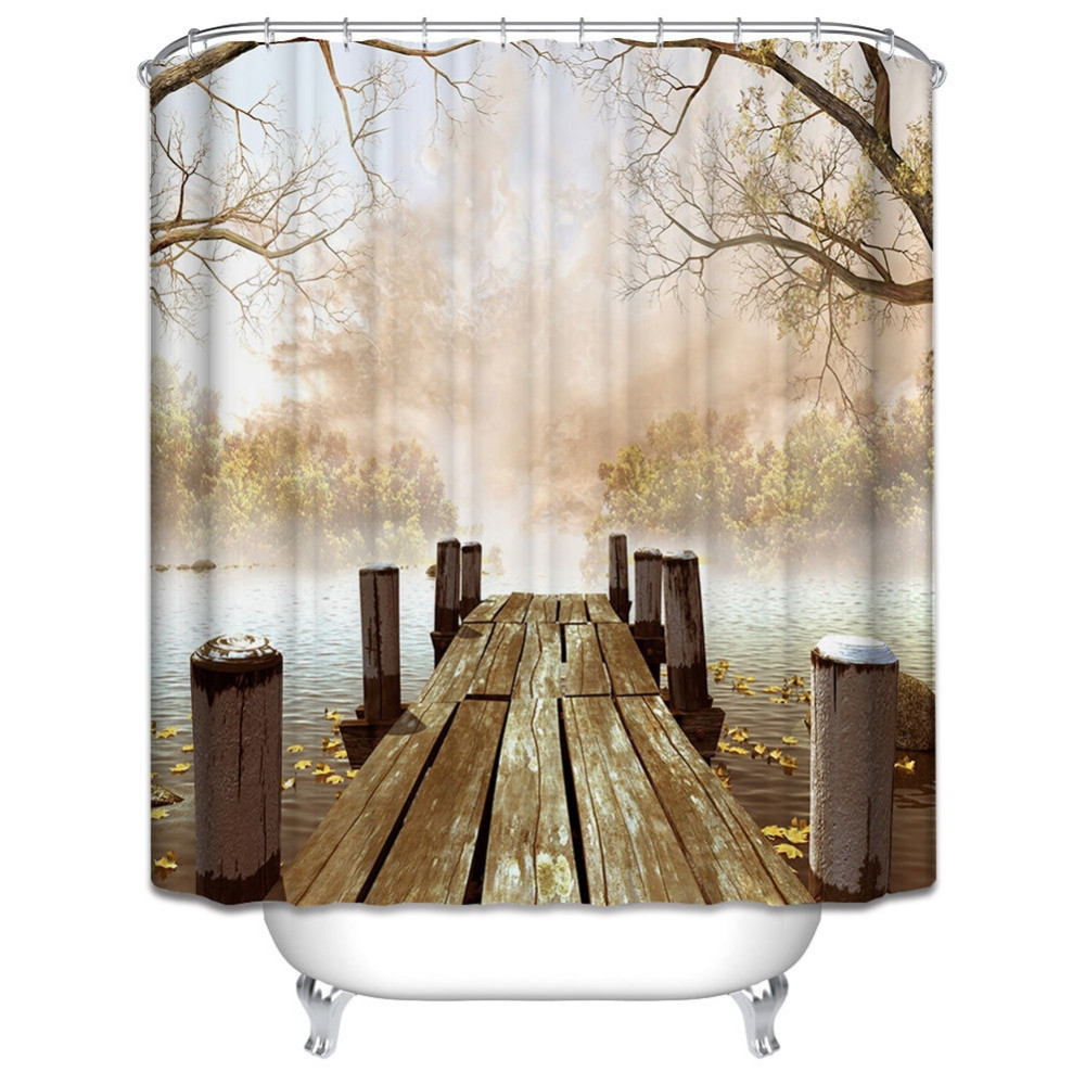 Rustic Bathroom Shower Curtain
 Waterproof Polyester Yellow Shower Curtain Fall Wooden