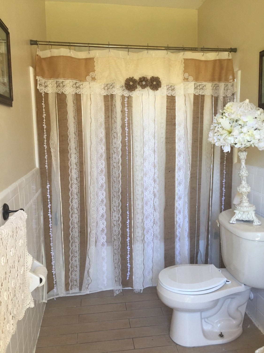 Rustic Bathroom Shower Curtain
 72 SHABBY Rustic Chic Burlap SHOWER Curtain Lace Ruffles