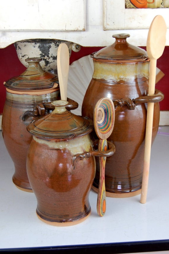 Rustic Kitchen Canisters
 Kitchen Canister Set of Three in Brownstone Made by