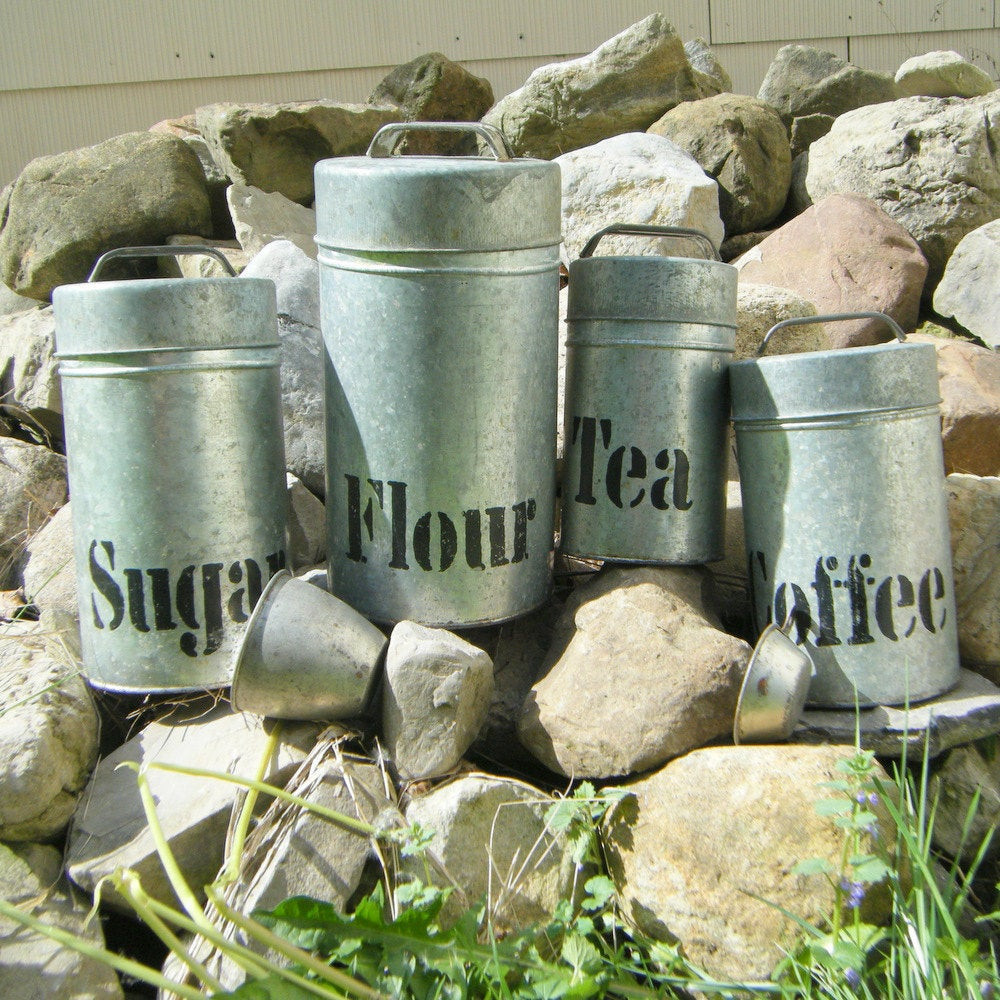 Rustic Kitchen Canisters
 4 Rustic Tin Kitchen Canister Set Country Western Chuck Wagon