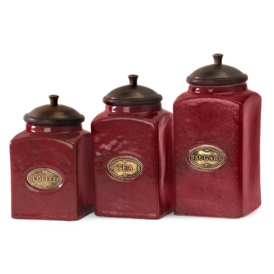 Rustic Kitchen Canisters
 Set of 3 Rustic Red Lidded Ceramic Kitchen Canisters