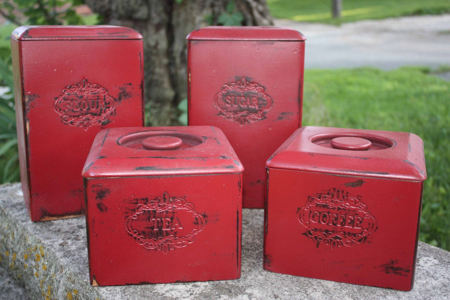 Rustic Kitchen Canisters
 Rustic Red Wooden Canister Set Shabby Chic Kitchen Decor