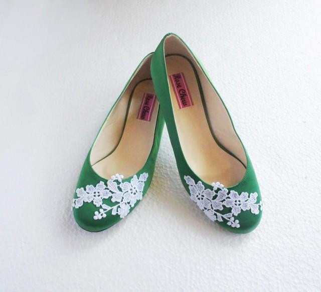 Rustic Wedding Shoes
 White Lace Green Satin Wedding Shoes Floral Embroidered