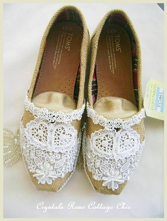 Rustic Wedding Shoes
 Burlap and Lace Toms Wedding Bridal Flats Shoes Rustic